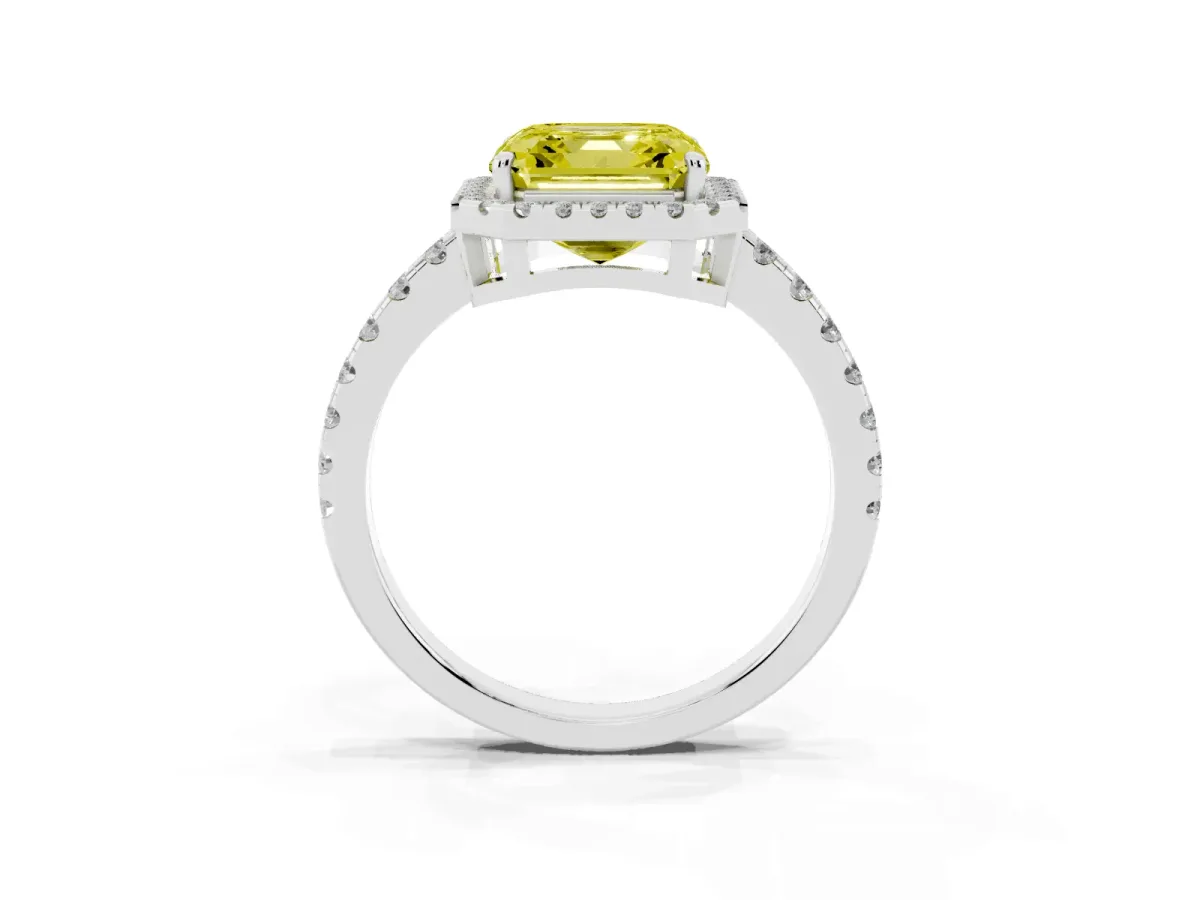 Fancy Yellow Asscher Cut Diamond Halo Ring with Pavé Band and Four-Prong Setting Platinum