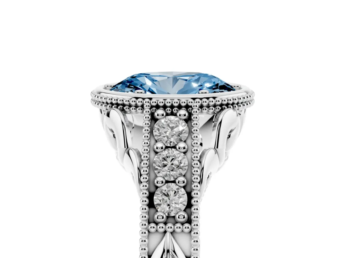 Fancy Blue Bezel Set Oval Cut Diamond Milgrain Pave Engagement Ring Silver