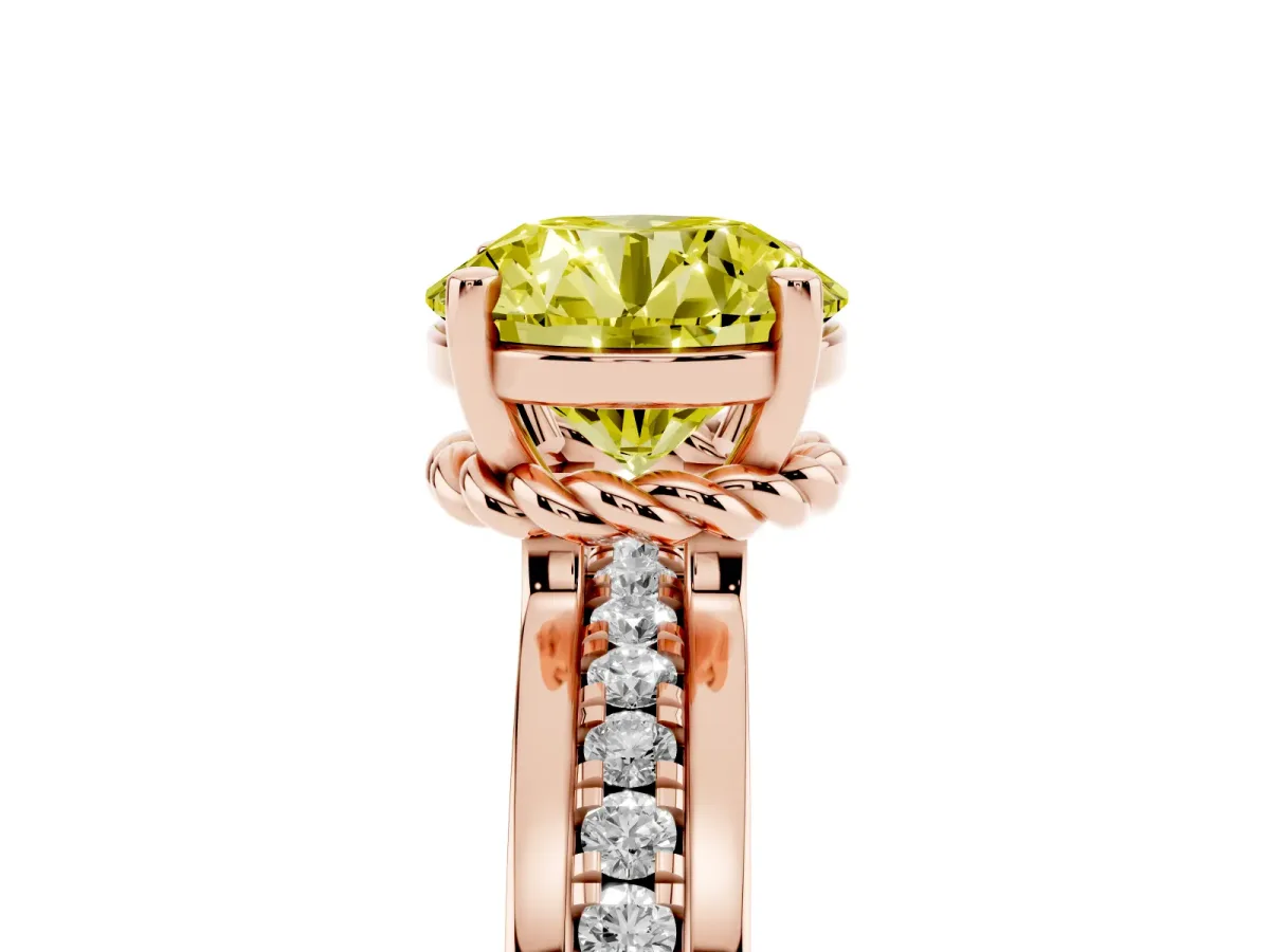 Fancy Yellow Round Cut Solitaire Diamond Ring with Channel Set Band and Six-Prong Setting Rose gold