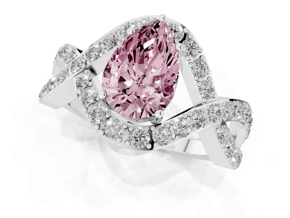 Fancy Pink Pear Cut Solitaire Twist Band Pavé Diamond Engagement Ring Platinum