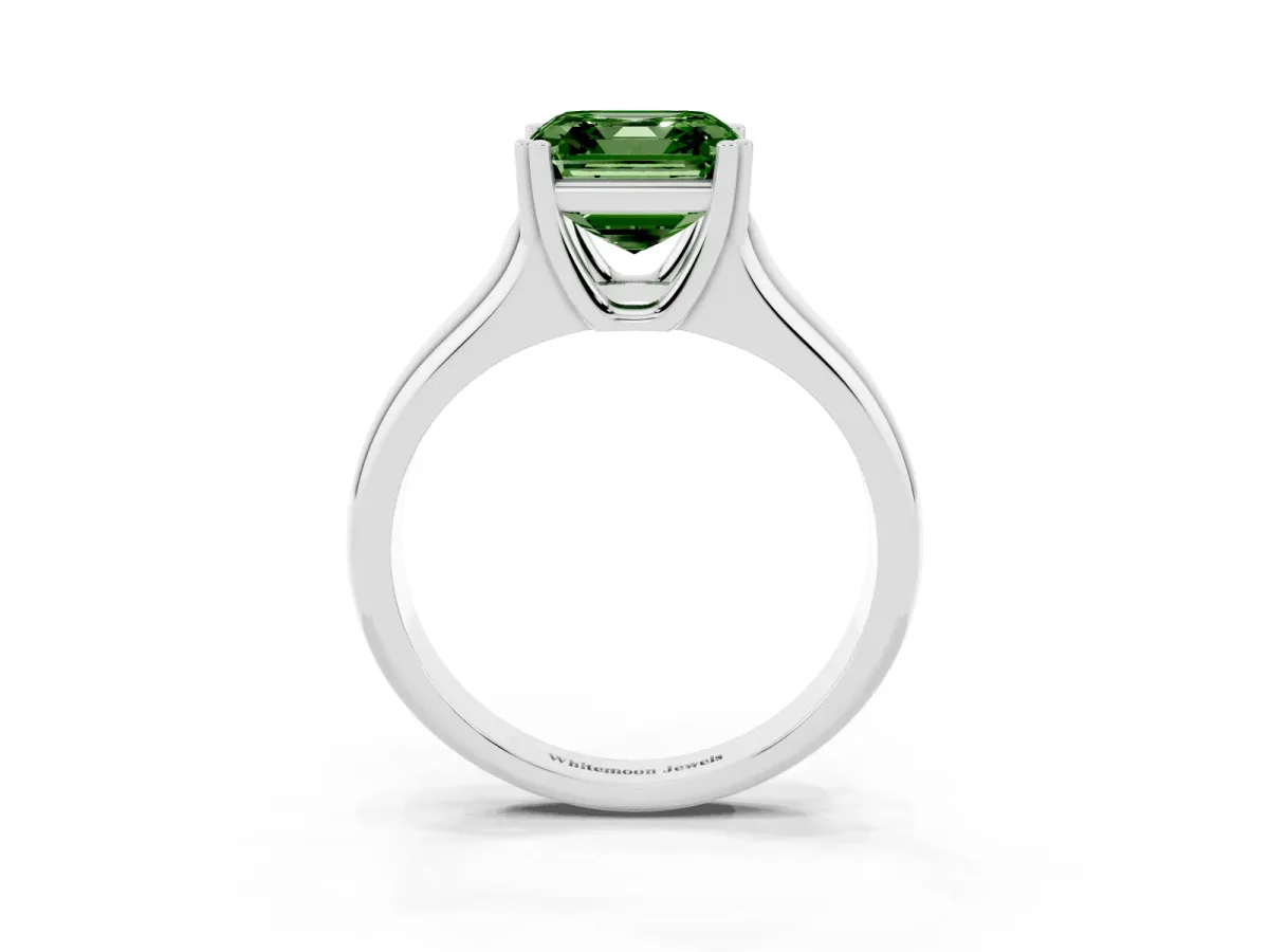Fancy Green Asscher Cut Diamond Solitaire Ring with Wide Band and Prong Setting Silver