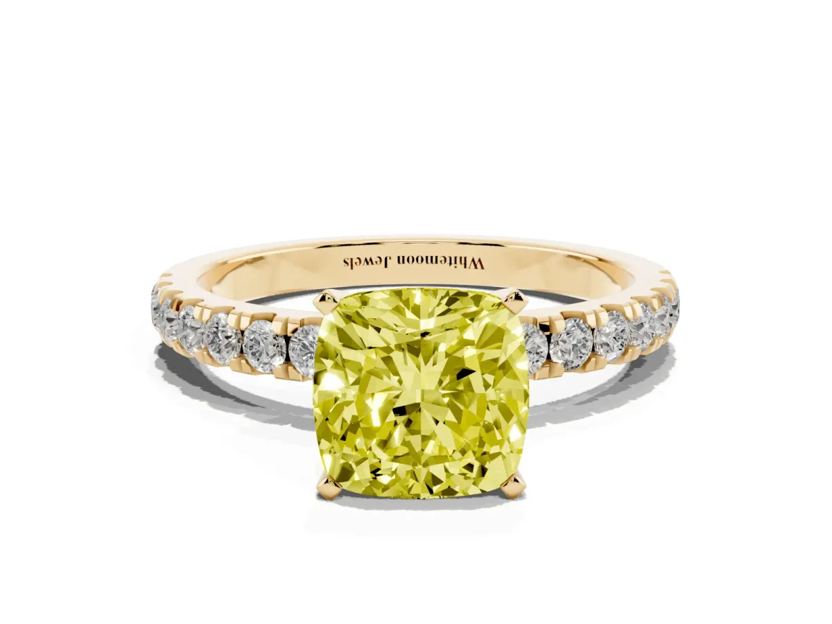 Fancy Yellow Cushion Cut Diamond Solitaire Ring with Pavé Accents and Four-Prong Setting Yellow gold