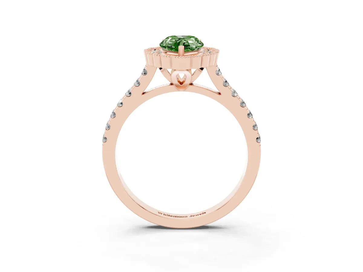 Fancy Green Pear Cut Cut Diamond Milgrain Floral Halo Engagement Ring with Pavé Band Rose gold