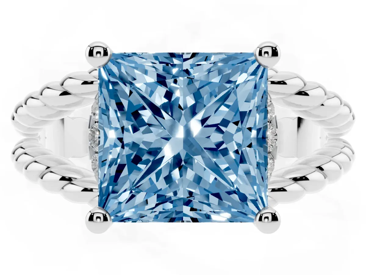 Fancy Blue Princess Cut Halo Twisted Band Four-Prong Ring Silver