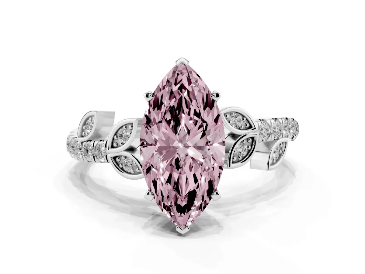 Fancy Pink Marquise Cut Solitaire Leaf-Inspired Diamond Ring with Pavé Band and Four-Prong Setting Silver