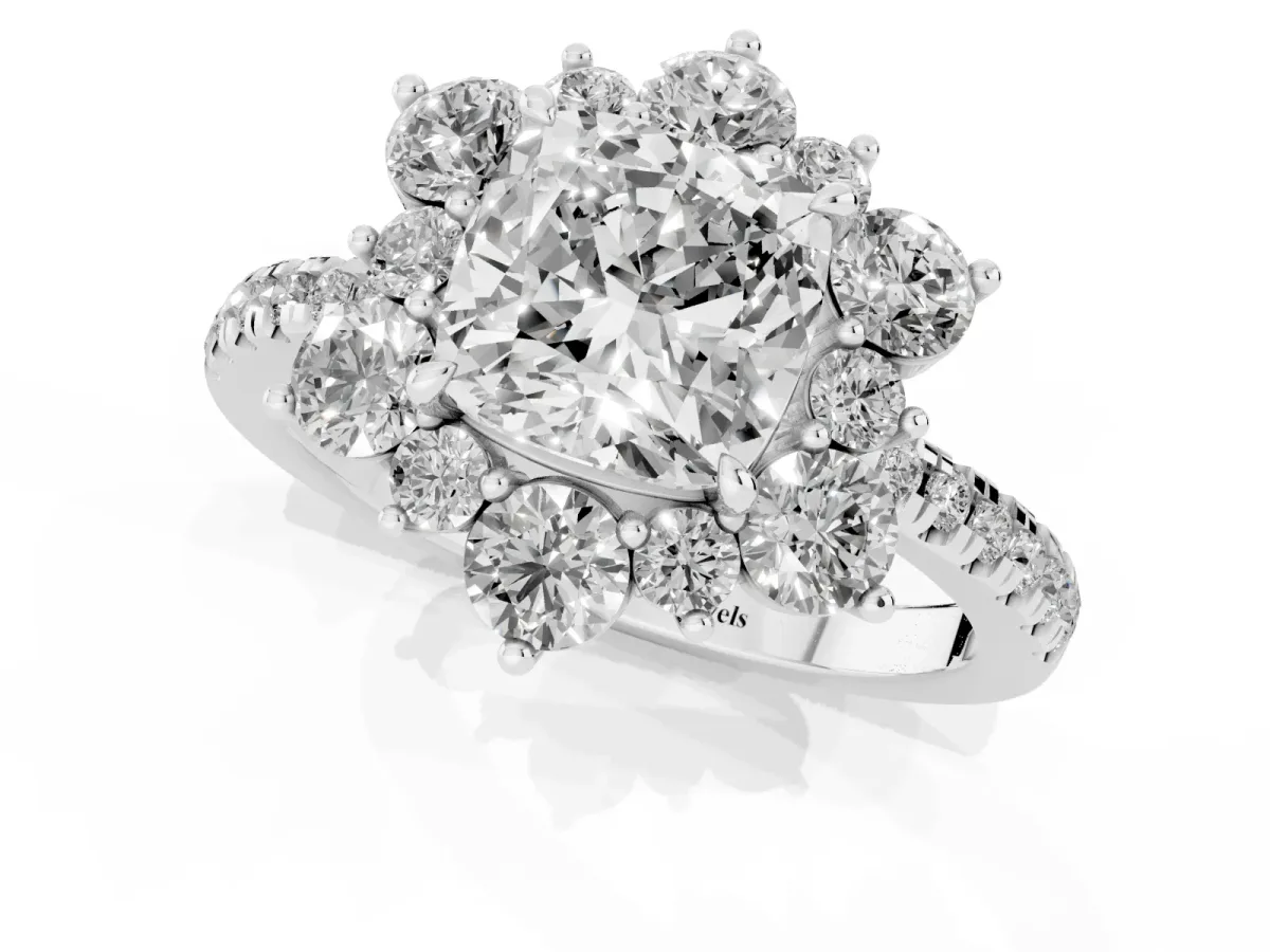 Cushion Cut Diamond Floral Halo Ring with Round Pavé Band and Prong Setting White gold
