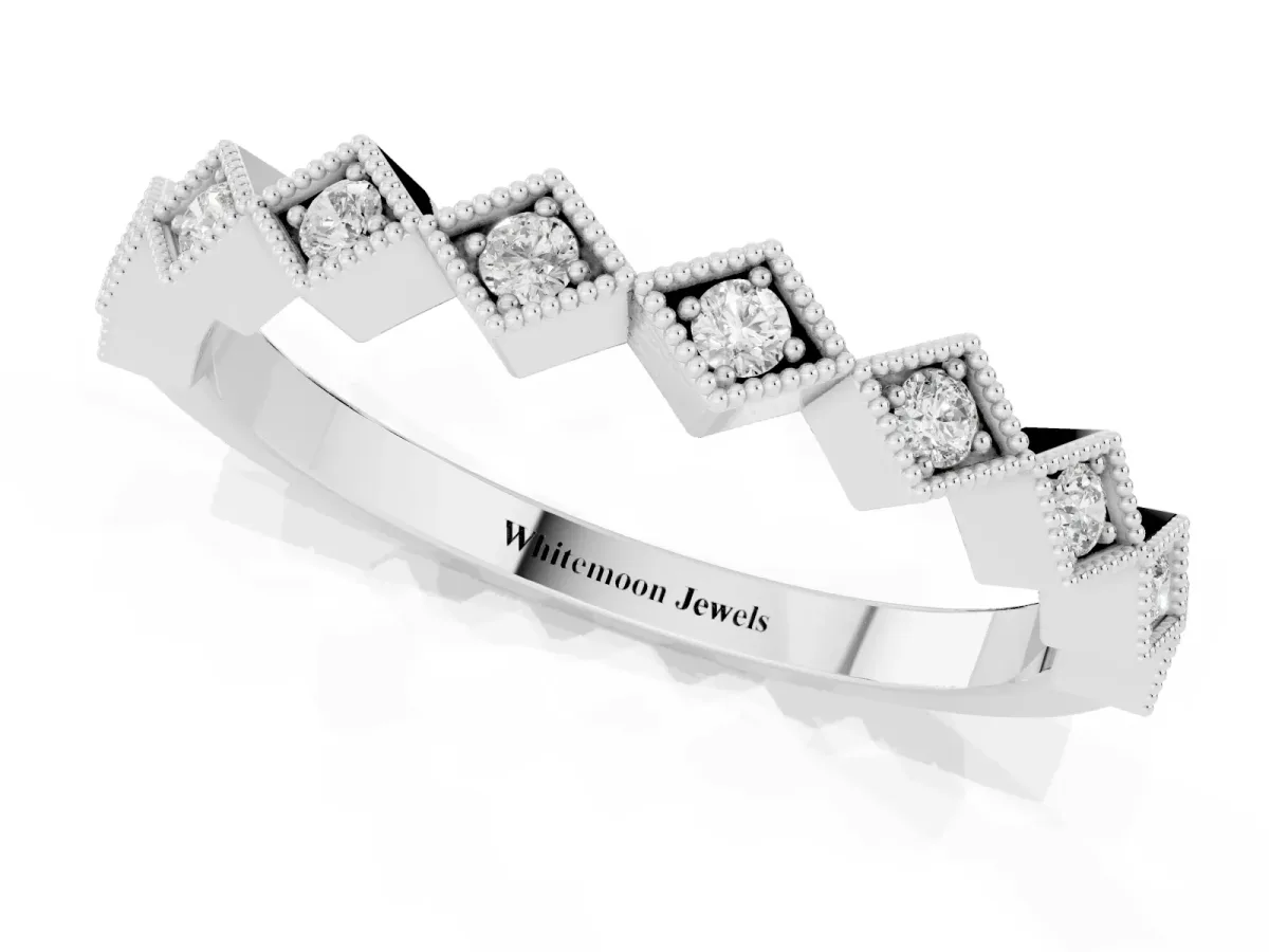 Milgrain Diamond Geometric Stackable Band with Round Cut Stones and Bezel Setting Silver