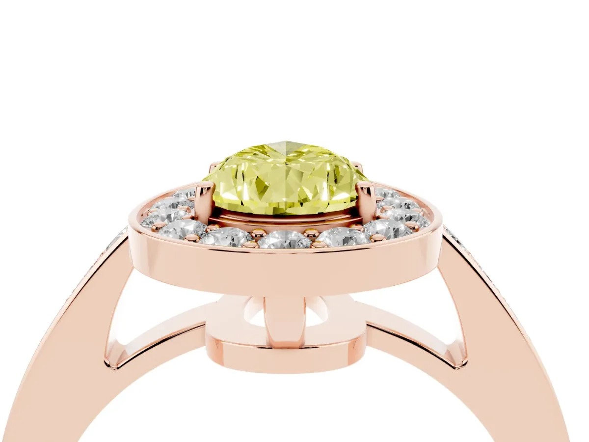 Fancy Yellow Pear Cut Halo Pavé Diamond Engagement Ring with Bezel Setting Rose gold