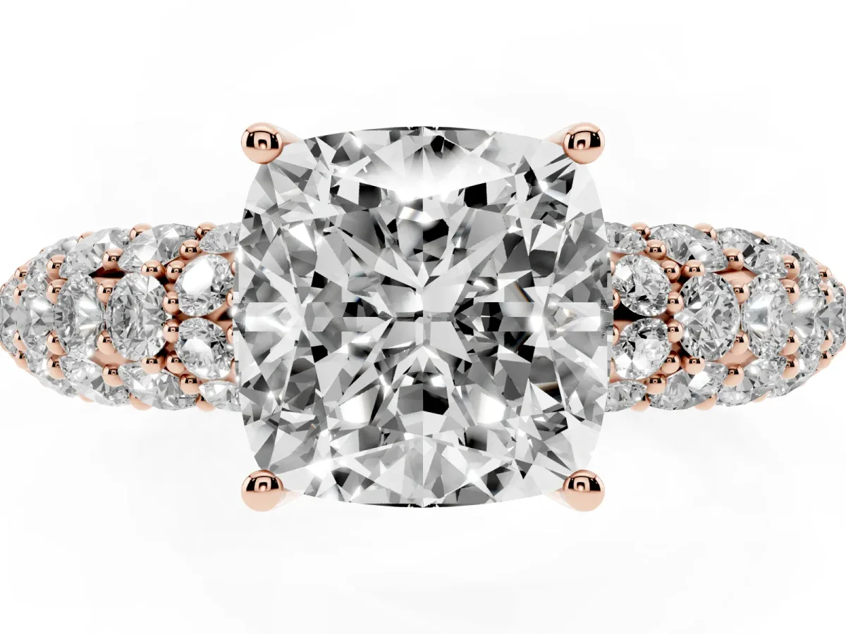 Cushion Cut Diamond Pavé Band Solitaire Ring with Four-Prong Setting Rose gold