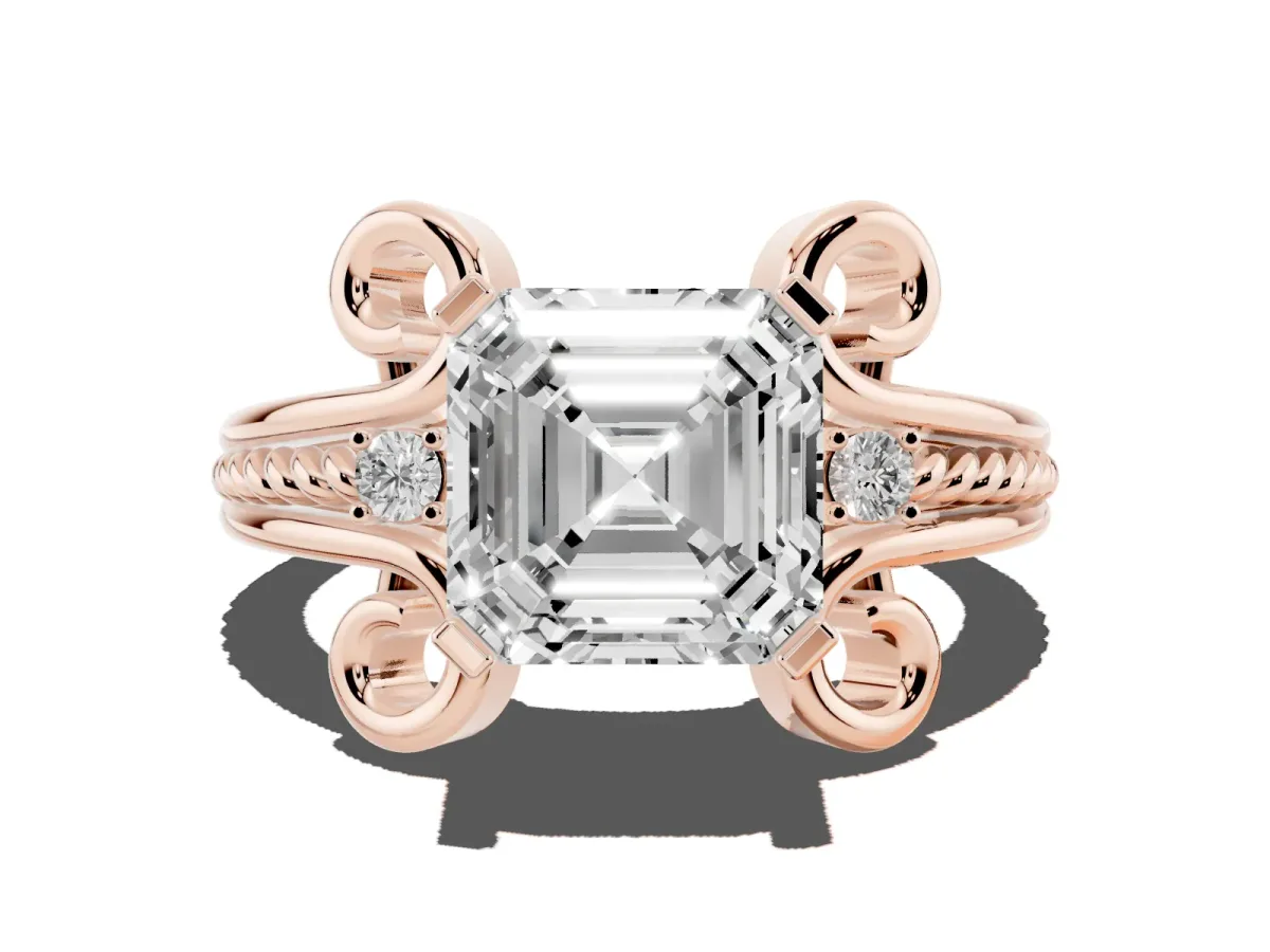 Asscher Cut Solitaire Twisted Band Scroll Prong Ring Rose gold