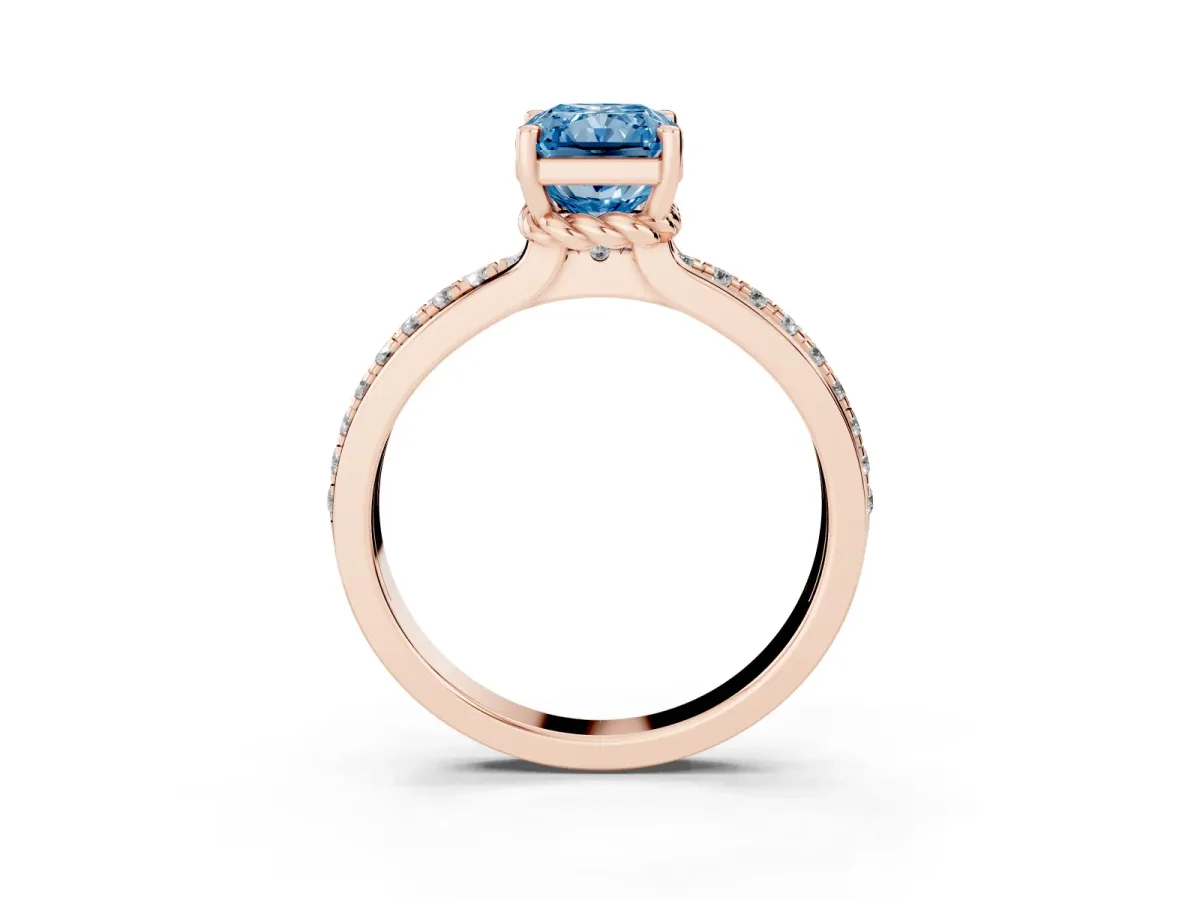 Fancy Blue Radiant Cut Solitaire Diamond Ring with Channel Set Band and Six-Prong Setting Rose gold