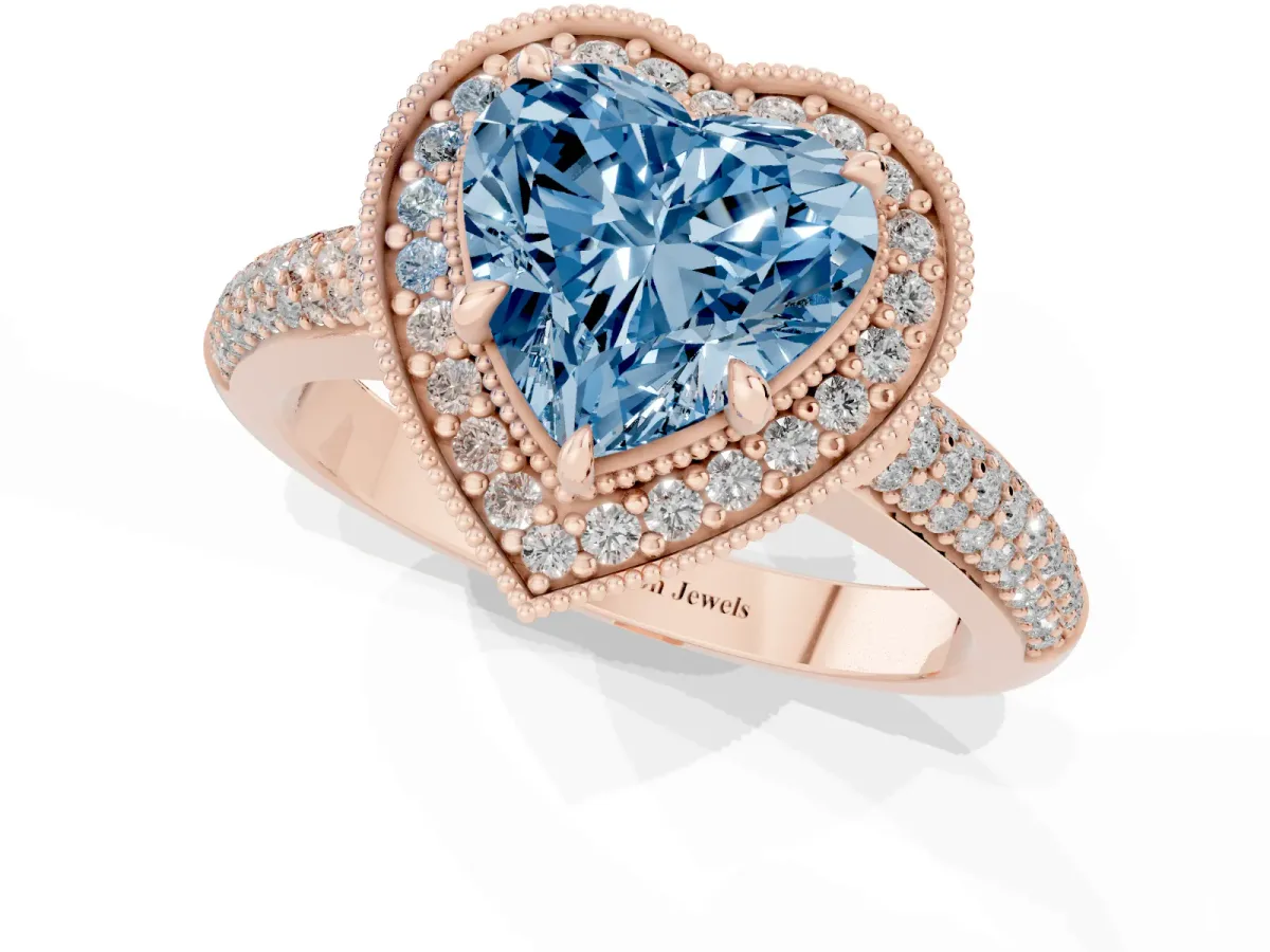 Fancy Blue Heart Cut Cut Halo Diamond Pave Band with Four-Prong Setting Rose gold