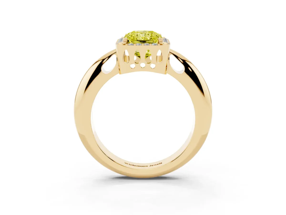 Fancy Yellow Radiant Cut Cut Diamond Halo Engagement Ring with Split Shank and Four-Prong Setting Yellow gold