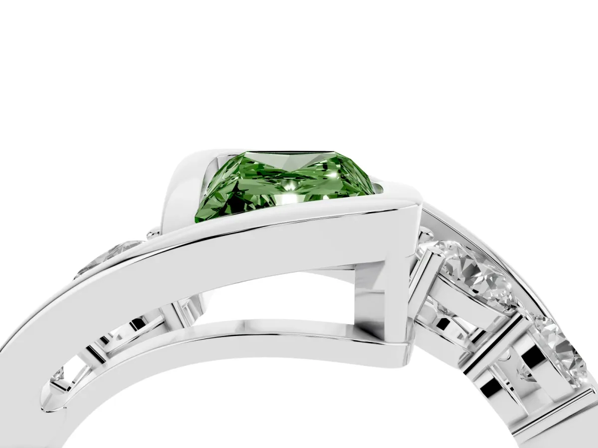 Fancy Green Bezel Set Radiant Cut Diamond Bypass Ring with Round Accents Silver