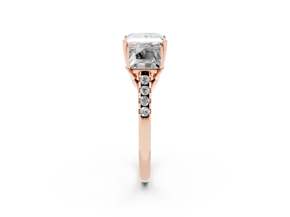 Three-Stone Princess Cut Diamond Ring with Round Pavé Band and Prong Setting Rose gold