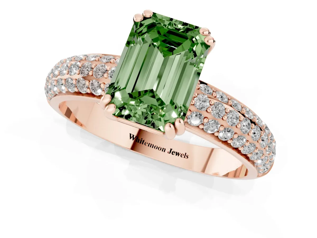Fancy Green Emerald Cut Diamond Solitaire Ring with Multi-Row Round Pavé Band and Prong Setting Rose gold