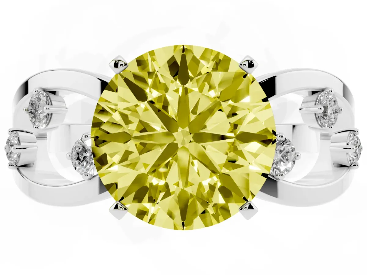 Fancy Yellow Round Cut Cut Solitaire Diamond with Side Stones on Criss-Cross Band and Four-Prong Setting Silver