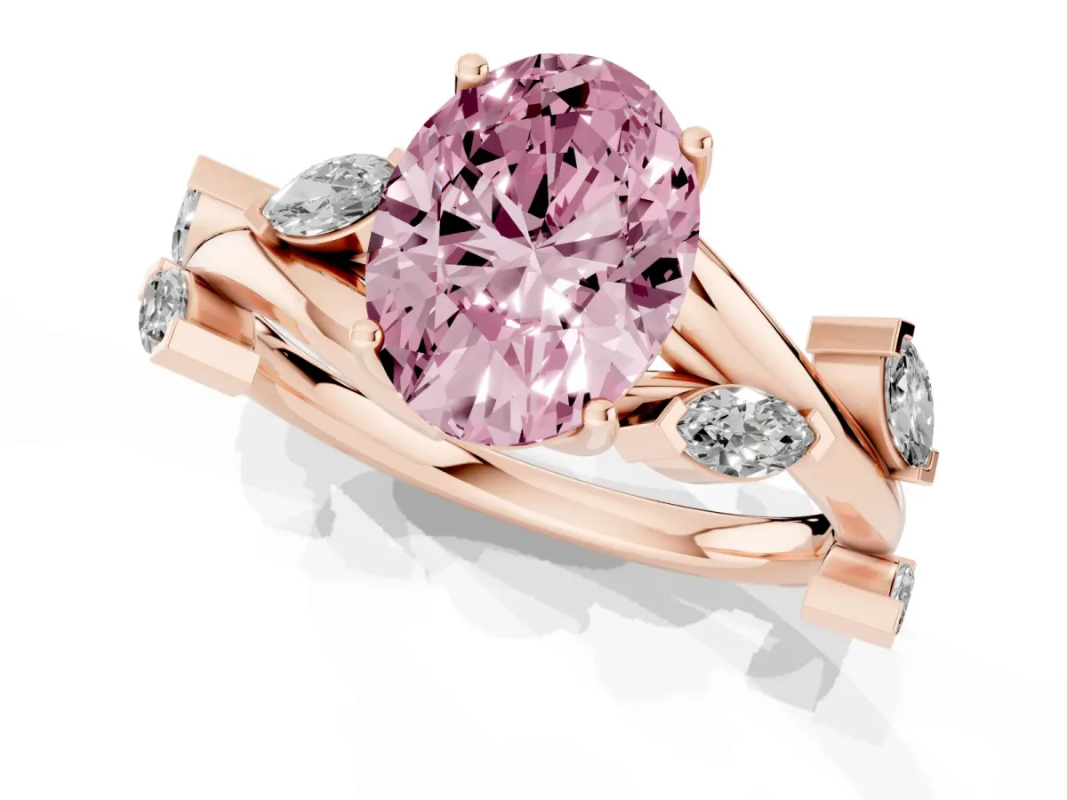 Fancy Pink Oval Cut Solitaire Twisted Band Marquise Accent Prong Setting Ring Rose gold