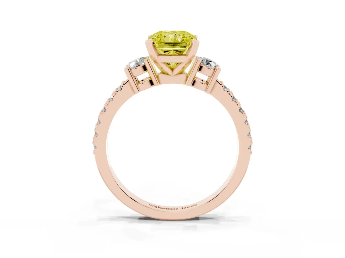 Fancy Yellow Radiant Cut Three-Stone Diamond Pavé Band with Prong Setting Rose gold