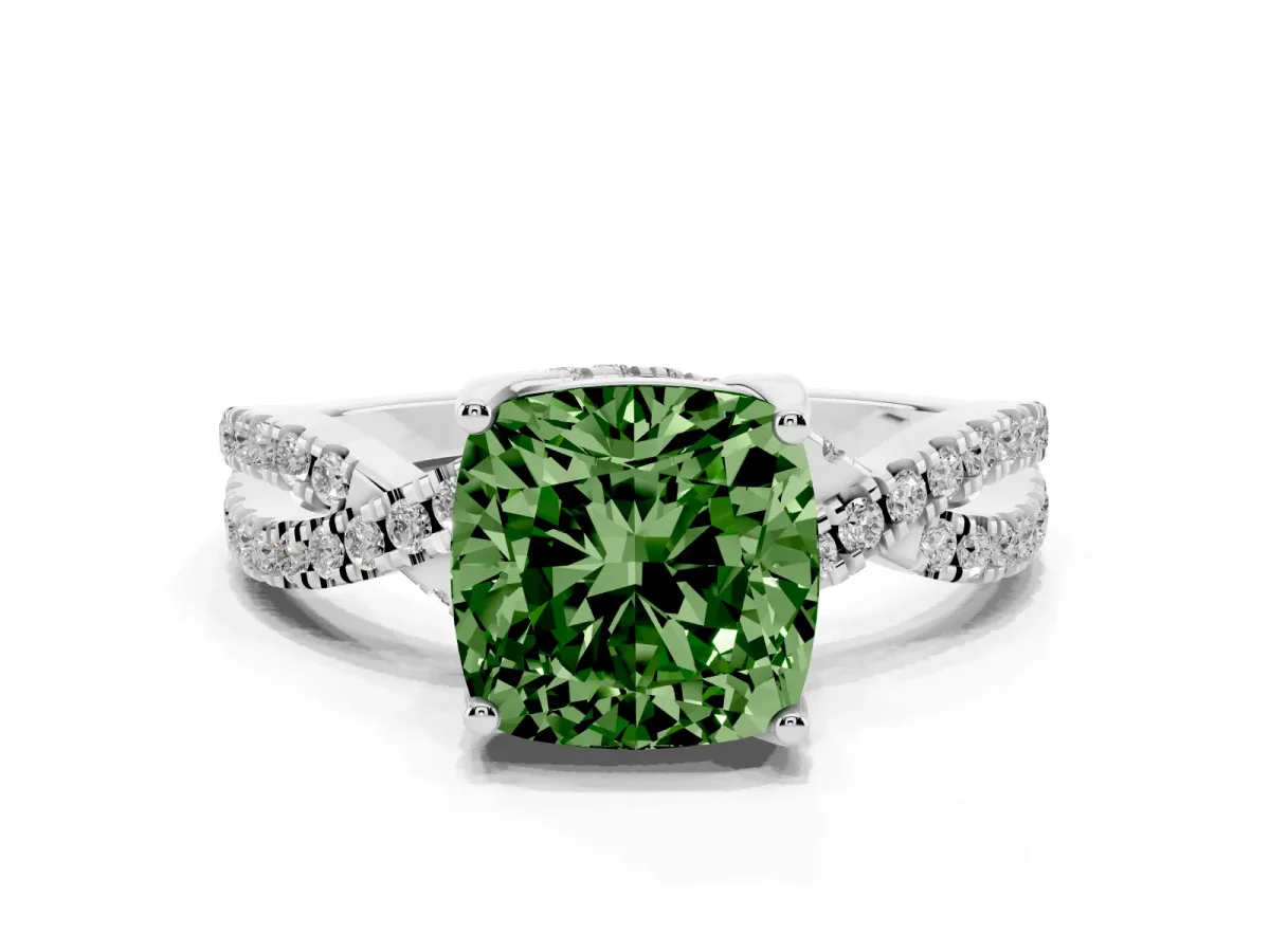 Fancy Green Cushion Cut Solitaire Twist Pave Diamond Engagement Ring with Prong Setting Silver