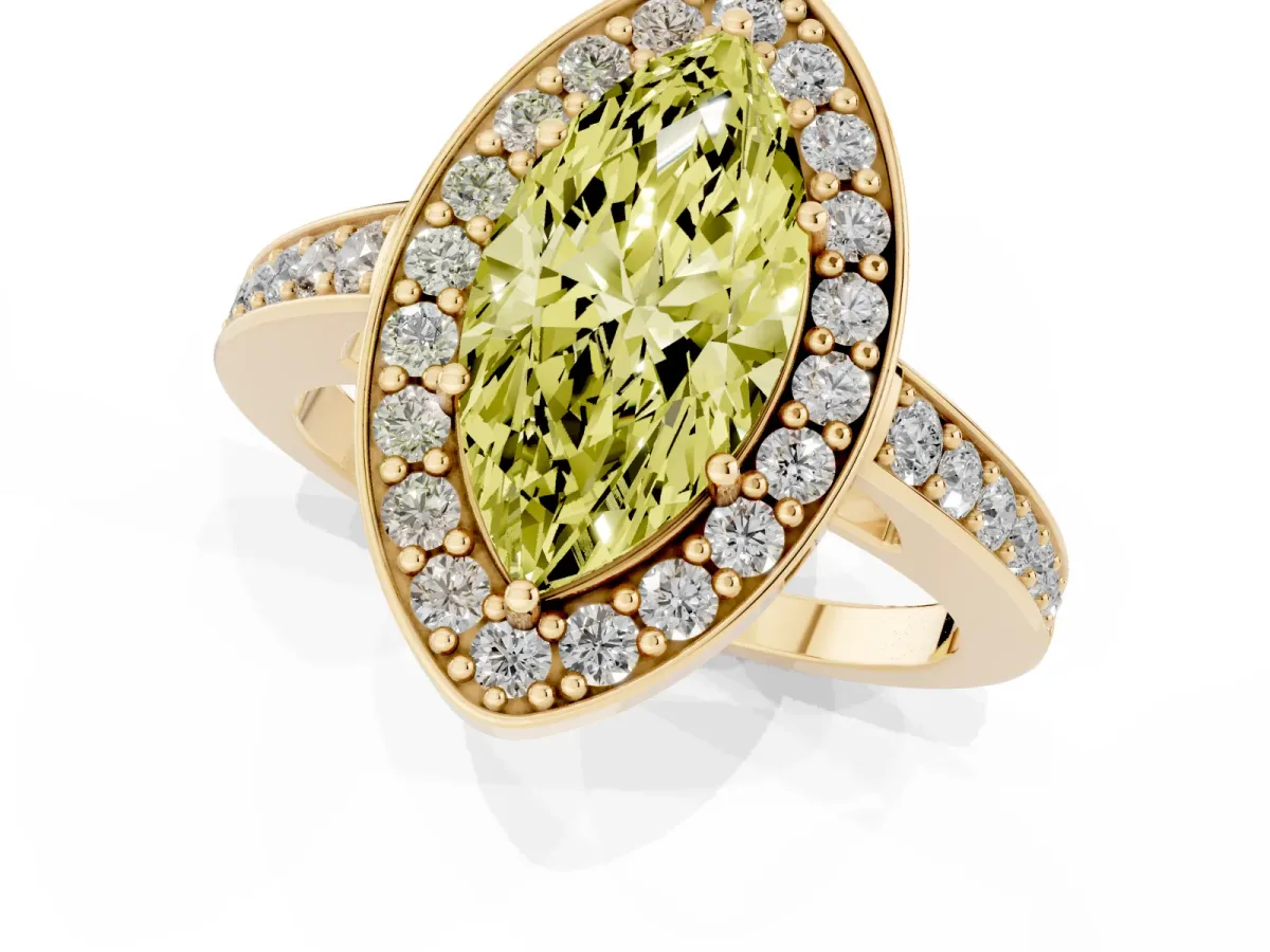 Fancy Yellow Marquise Cut Halo Pavé Diamond Engagement Ring with Bezel Setting Yellow gold