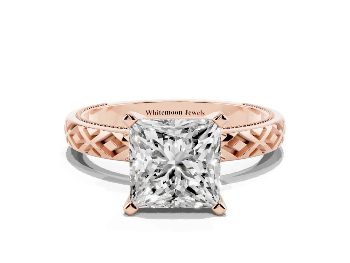 Princess Cut Solitaire Diamond Ring with Milgrain and Black Enamel X Pattern Band Rose gold