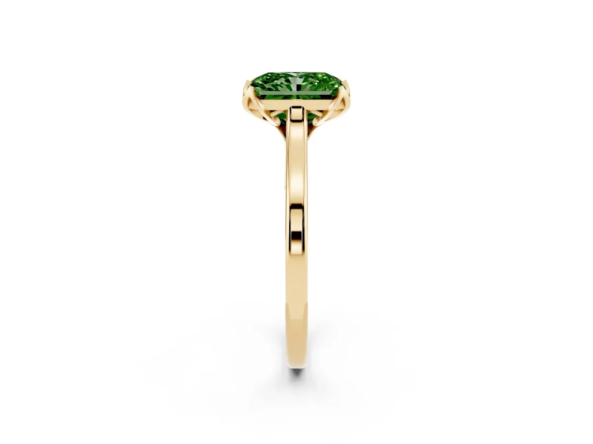 Fancy Green Radiant Cut Diamond Solitaire Ring with Flower Prong Setting and Classic Band Yellow gold