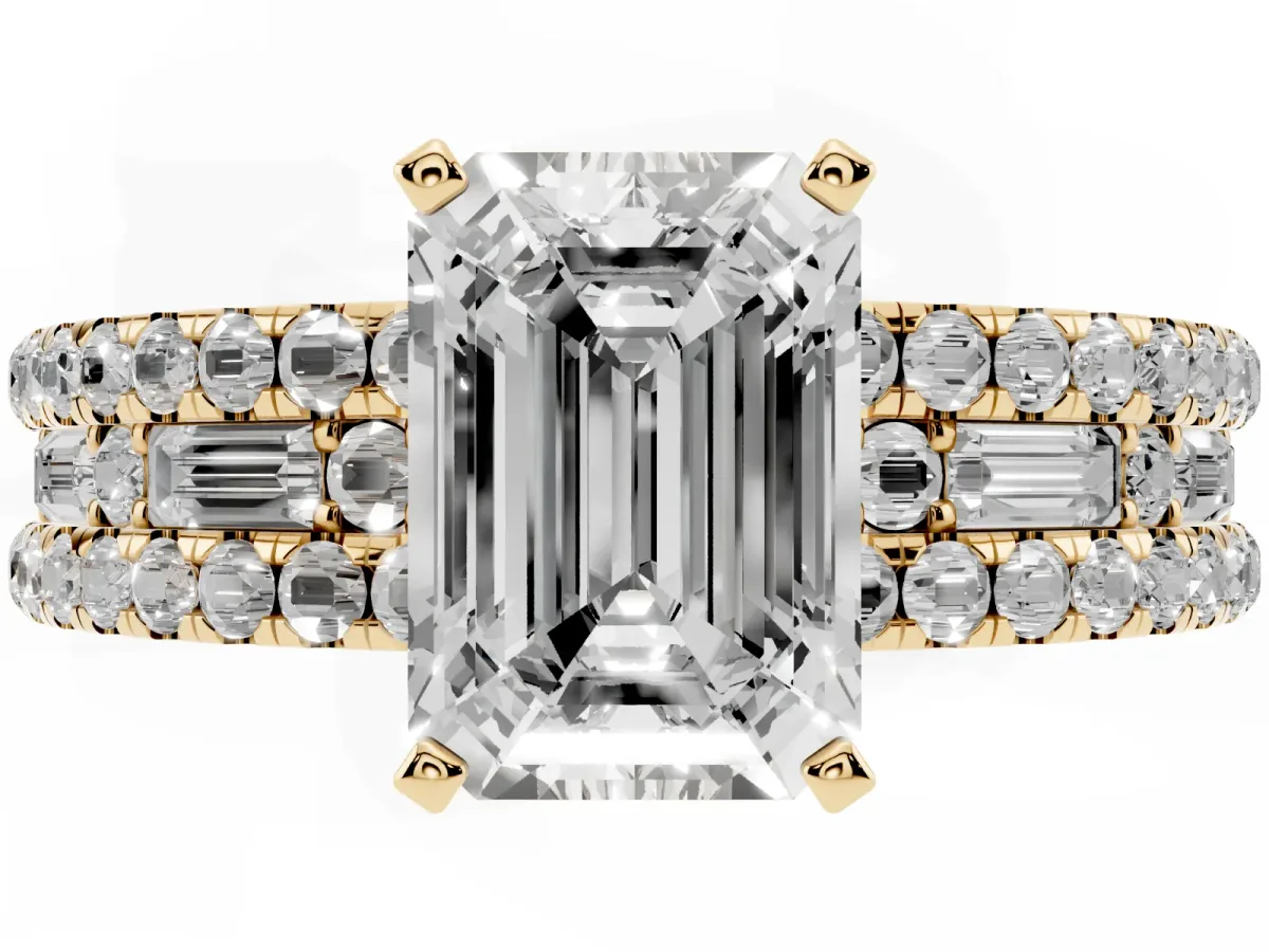Emerald Cut Diamond Solitaire Ring with Pavé and Channel Set Band Yellow gold
