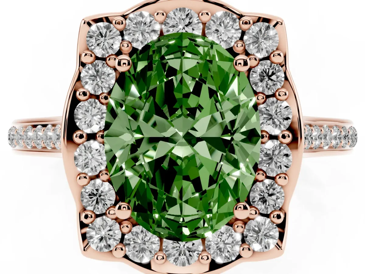 Fancy Green Oval Cut Halo Round Diamond Pave Band with Four-Prong Setting Rose gold