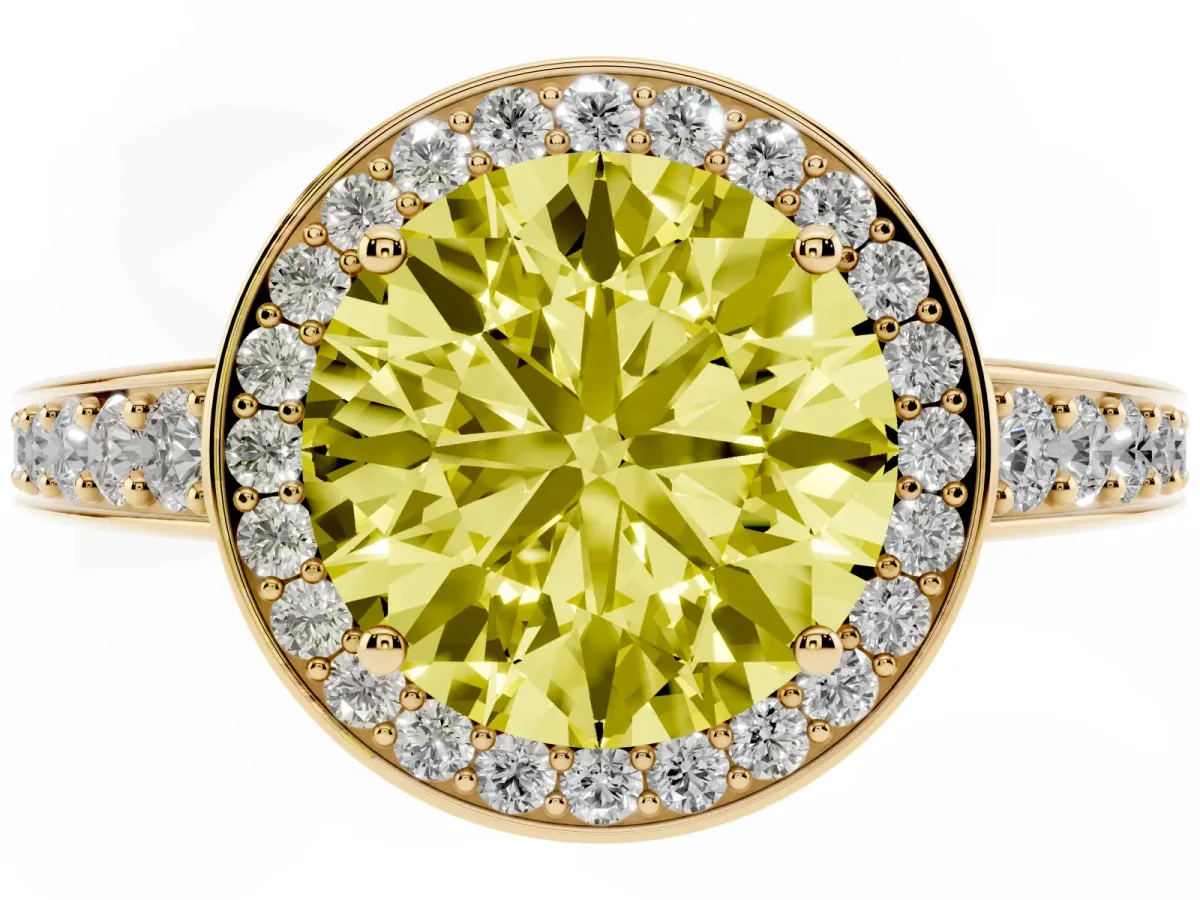 Fancy Yellow Round Cut Halo Pavé Diamond Engagement Ring with Bezel Setting Yellow gold