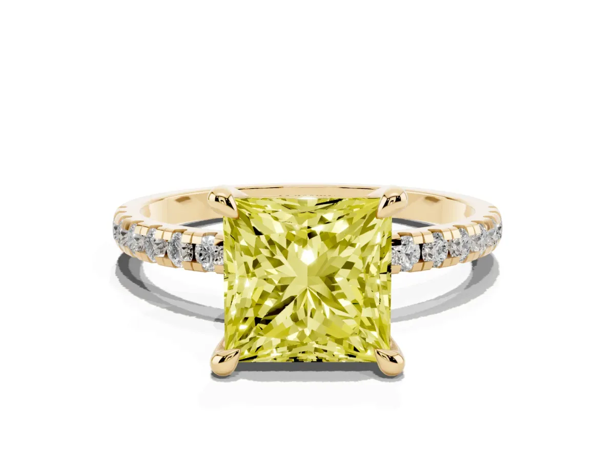 Fancy Yellow Princess Cut Diamond Brilliant Solitaire Ring with Pavé Band and Four-Prong Setting Yellow gold