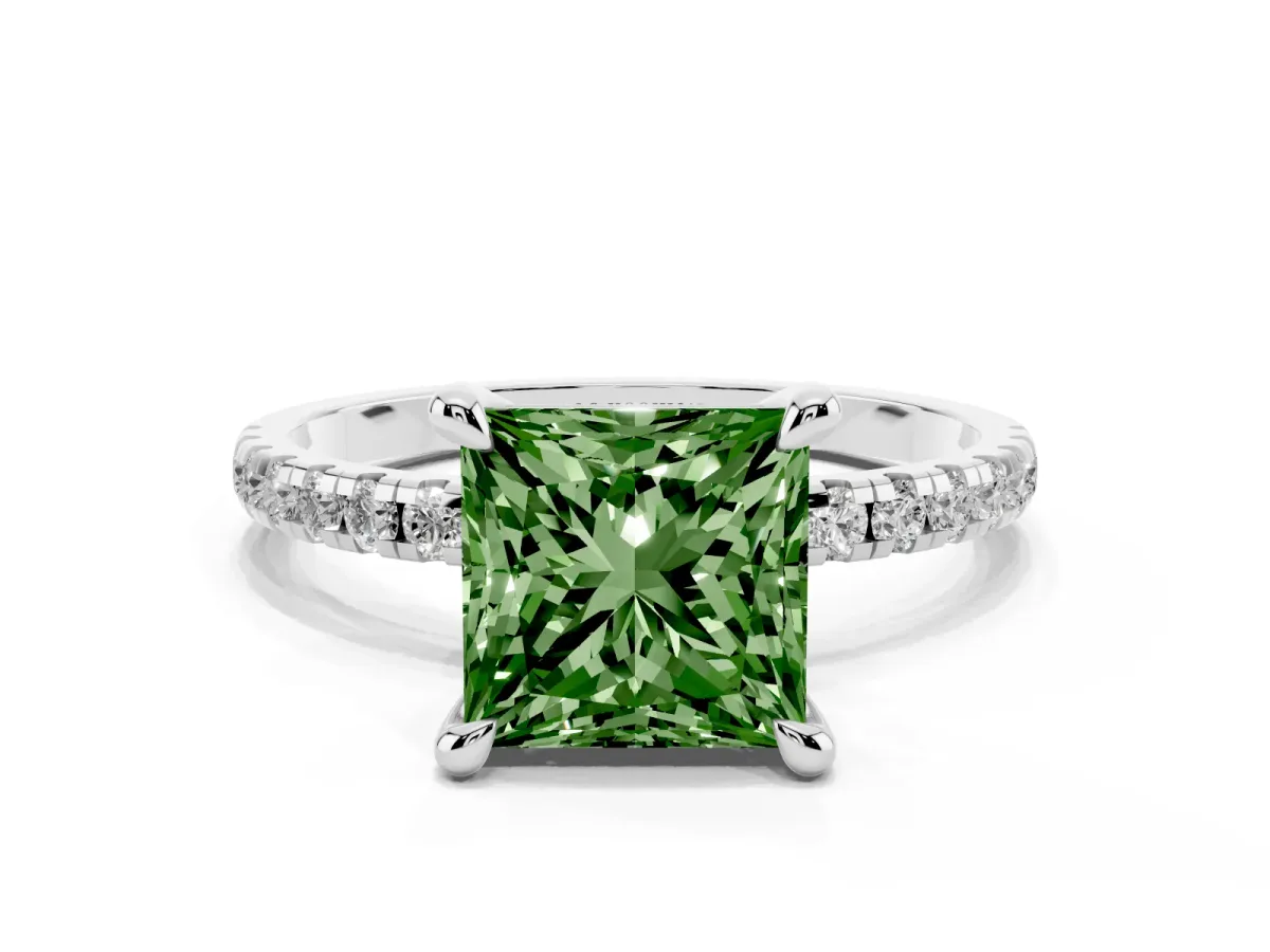 Fancy Green Princess Cut Diamond Brilliant Solitaire Ring with Pavé Band and Four-Prong Setting Platinum