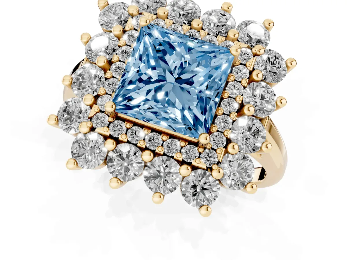 Fancy Blue Princess Cut Diamond Floral Double Halo Engagement Ring with Prong Setting Yellow gold