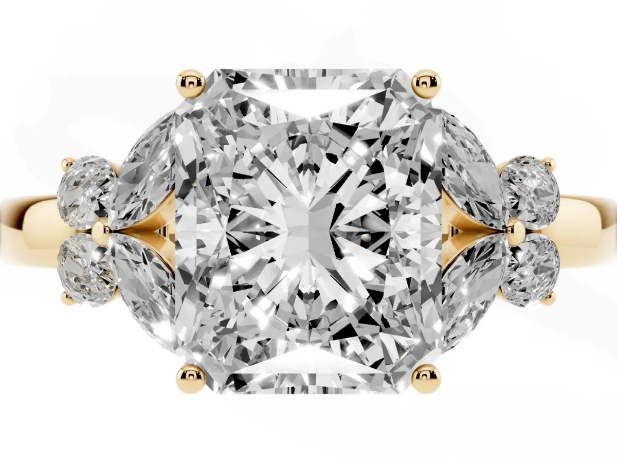 Radiant Cut Cut Solitaire Floral Diamond Ring with Four-Prong Setting Yellow gold