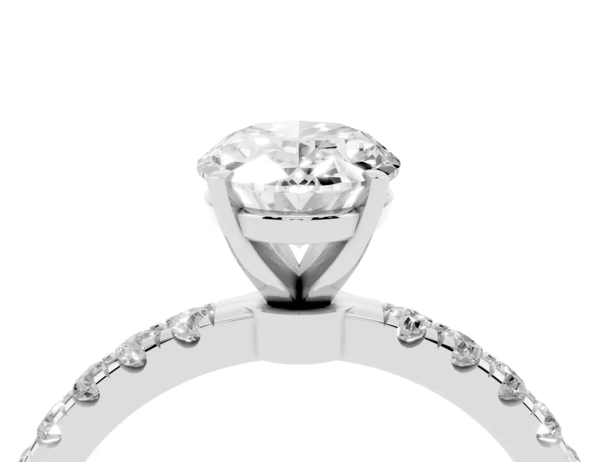 Oval Cut Diamond Solitaire Ring with Pavé Accents and Four-Prong Setting Silver