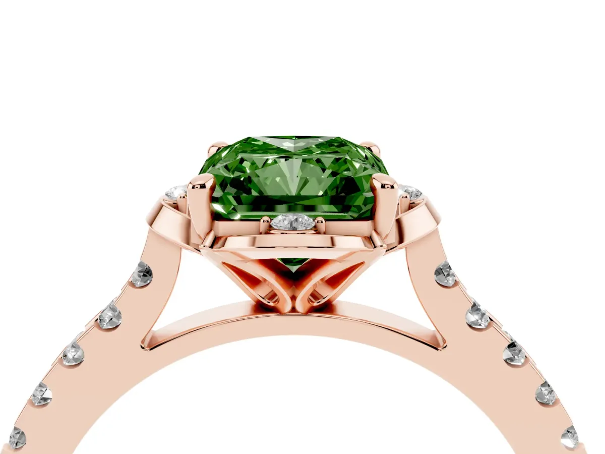 Fancy Green Radiant Cut Diamond Ring with Pavé Band and Floral Prong Setting Rose gold