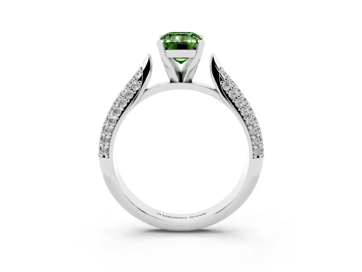 Fancy Green Emerald Cut Diamond Solitaire Engagement Ring with Multi-Row Round Pavé Band and Prong Setting Silver