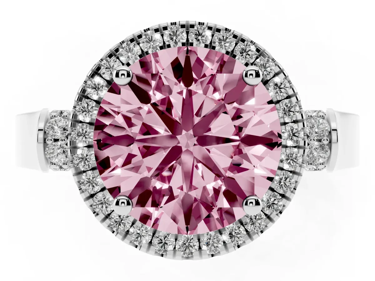 Fancy Pink Round Cut Halo Round Diamond Twist Band with Four-Prong Setting White gold
