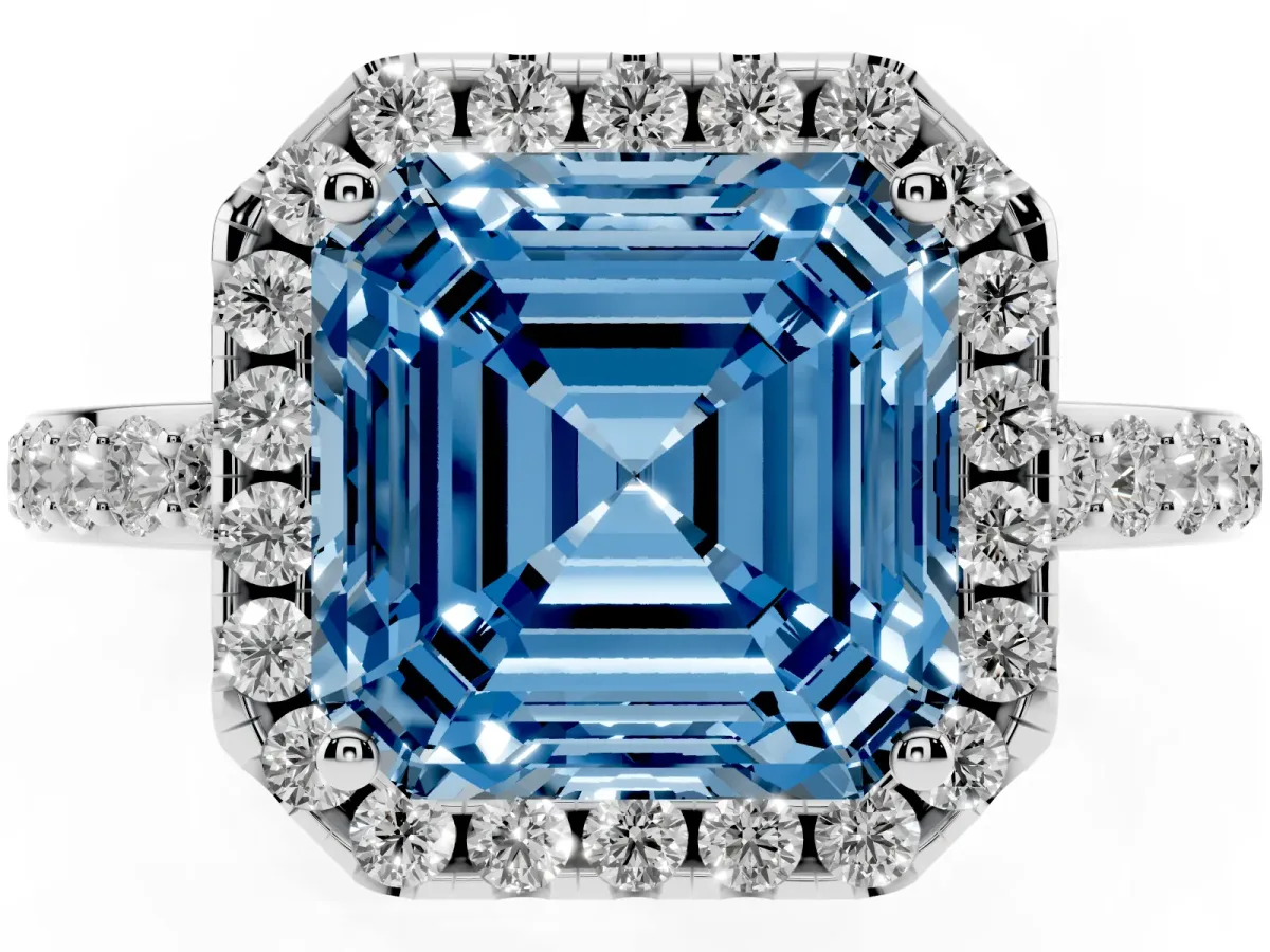 Fancy Blue Asscher Cut Halo Diamond Pavé Band Ring with Prong Setting Silver