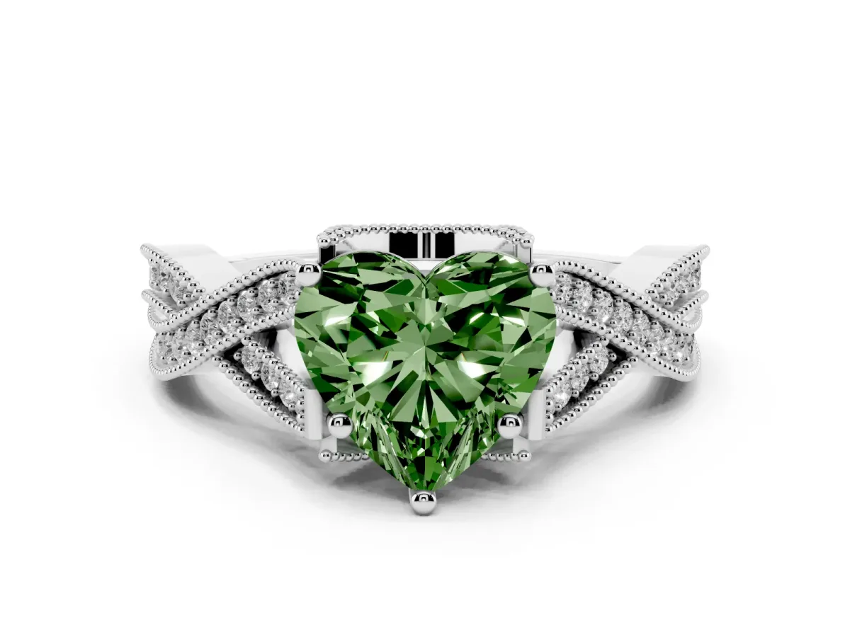 Fancy Green Heart Cut Cut Diamond Twisted Band with Milgrain Pave Setting and Four-Prong Setting White gold