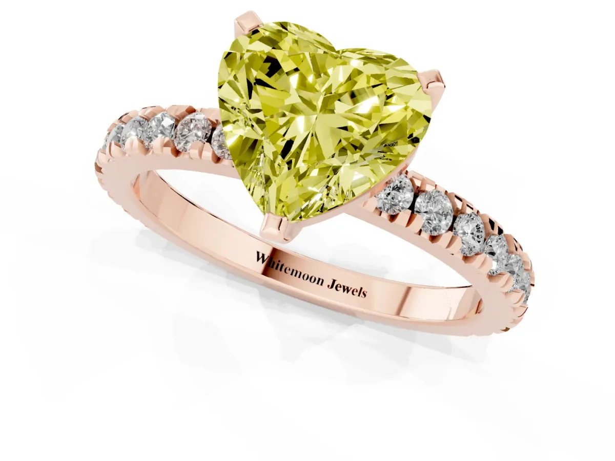 Fancy Yellow Heart Cut Diamond Pavé Band Solitaire with Four-Prong Setting Rose gold
