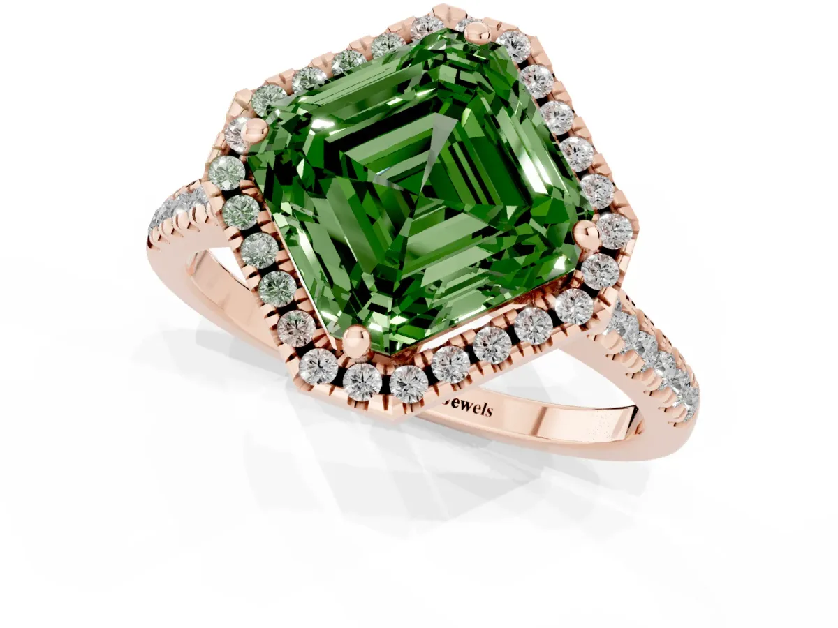 Fancy Green Asscher Cut Diamond Cushion Halo Ring with Pavé Band Rose gold
