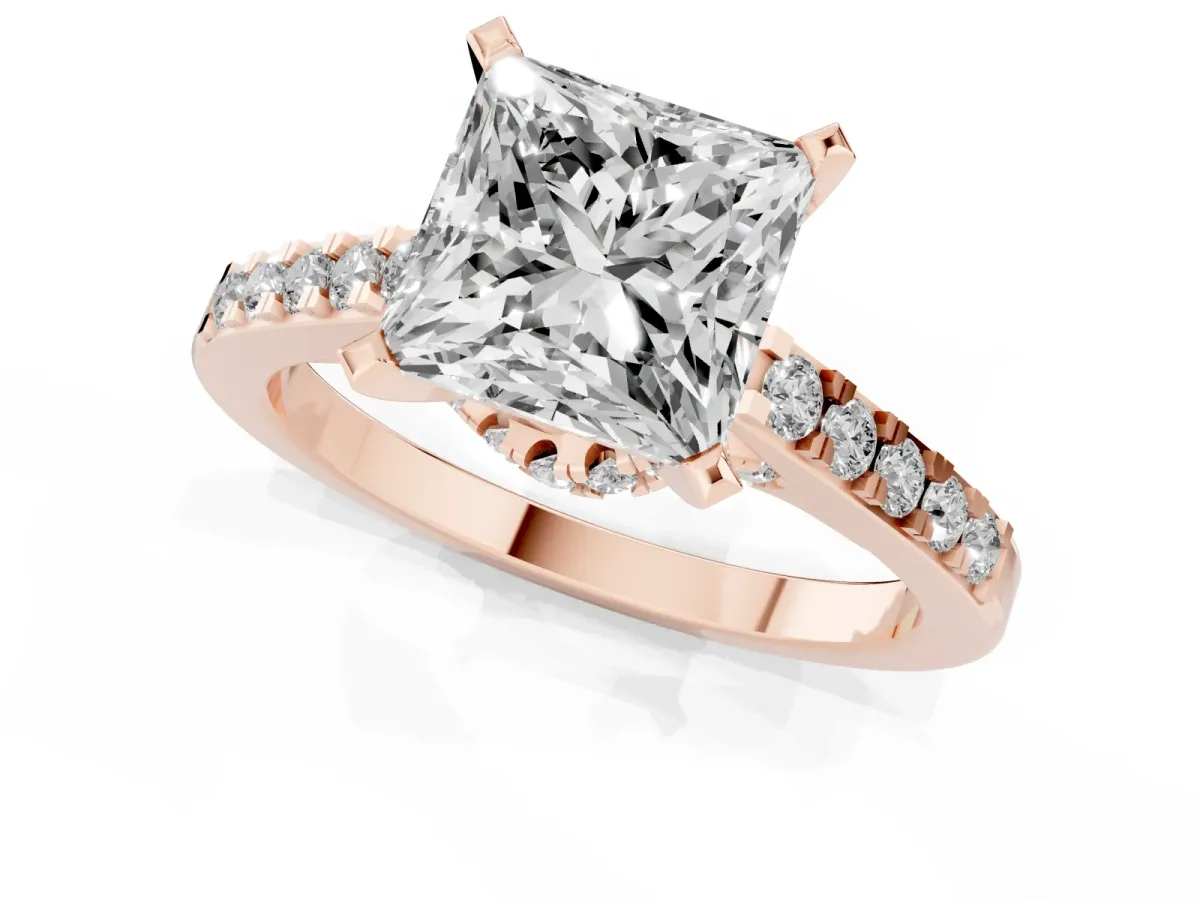 Princess Cut Diamond Solitaire Ring with Crossover Gallery and Round Pavé Band Rose gold