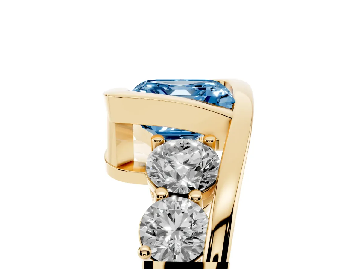 Fancy Blue Bezel Set Asscher Cut Diamond Bypass Ring with Round Accents Yellow gold