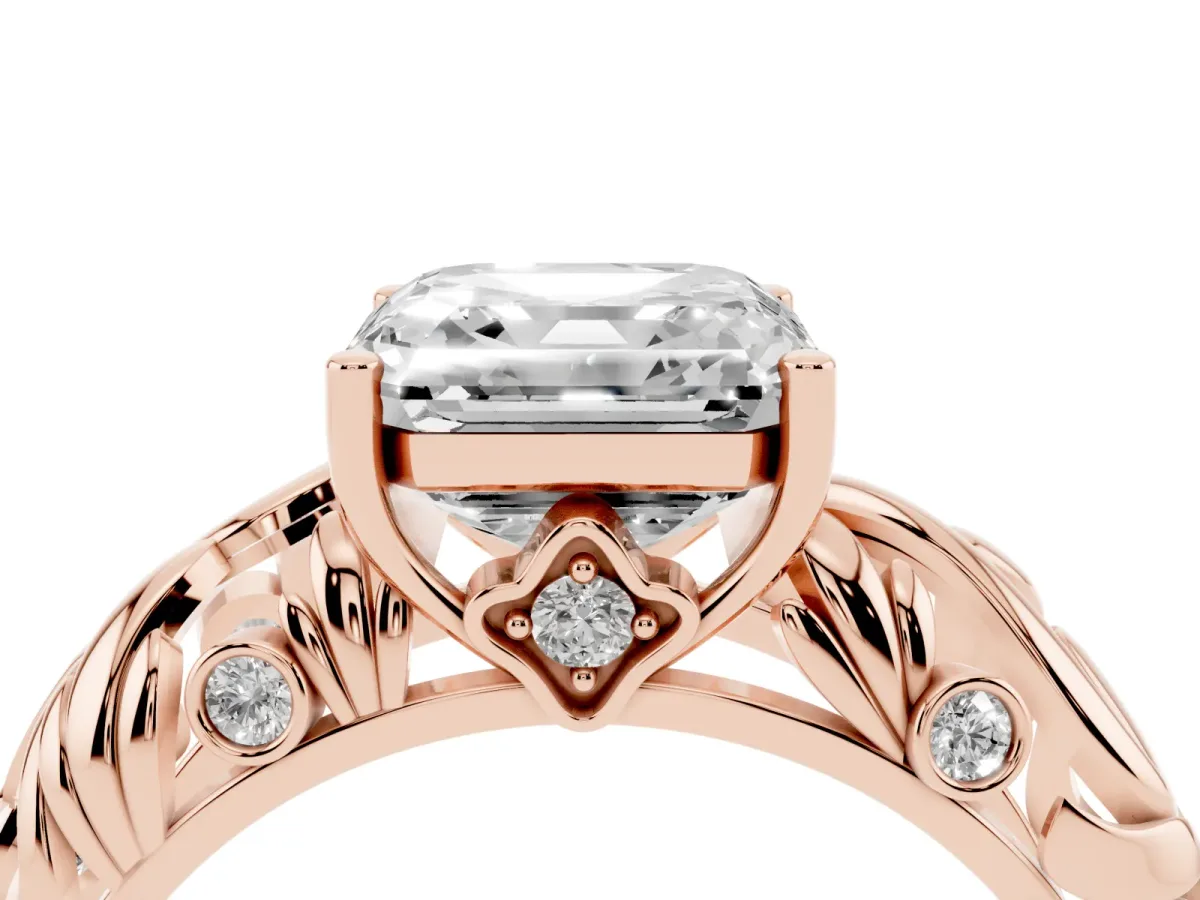 Asscher Cut Solitaire Diamond Leaf-Inspired Vine Band Ring with Prong Setting Rose gold