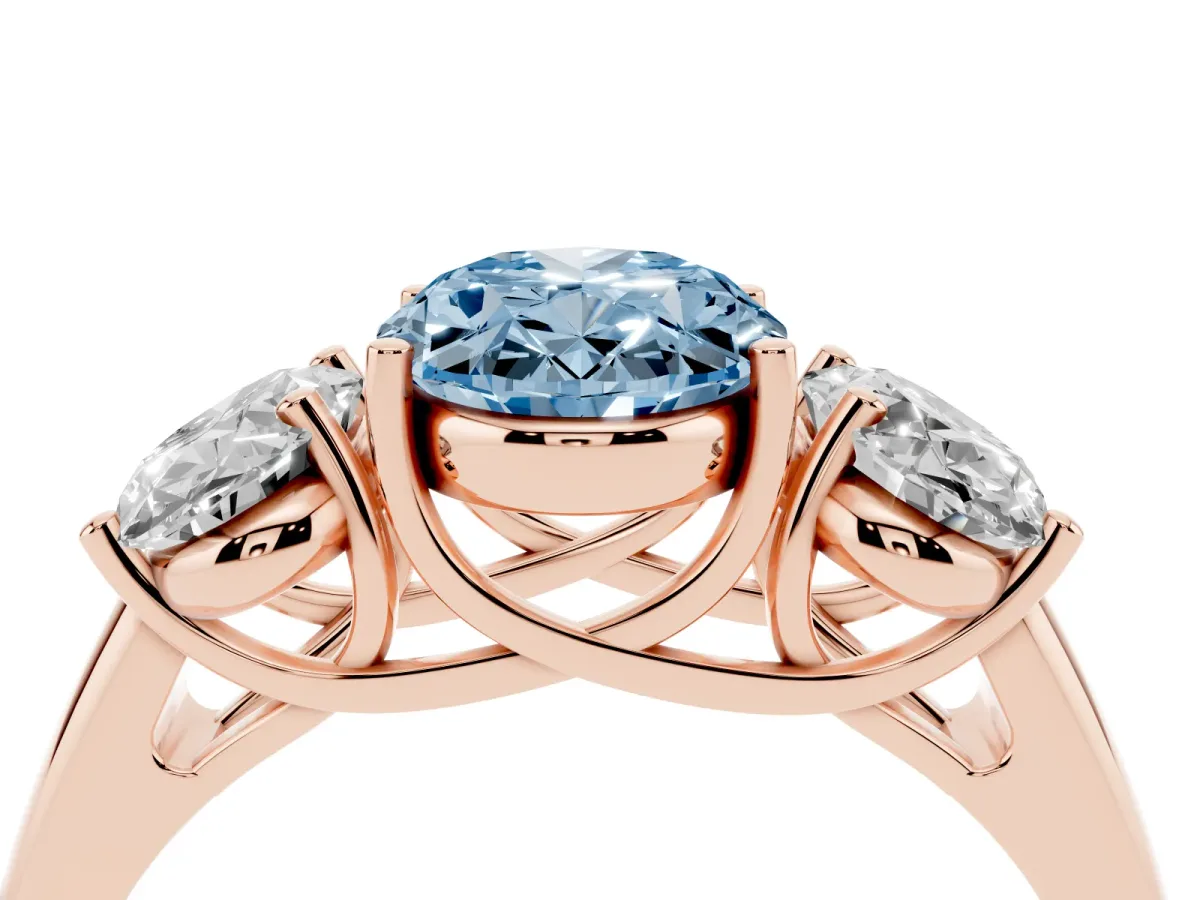 Fancy Blue Three-Stone Oval Cut Diamond Engagement Ring with Prong Setting Rose gold
