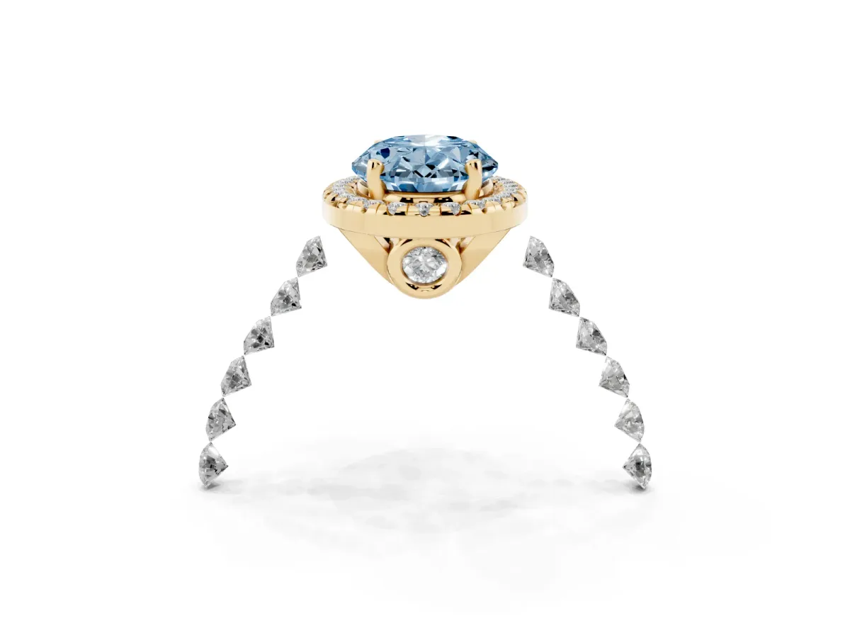 Fancy Blue Oval Cut Halo Pavé Diamond Engagement Ring with Four-Prong Setting Yellow gold