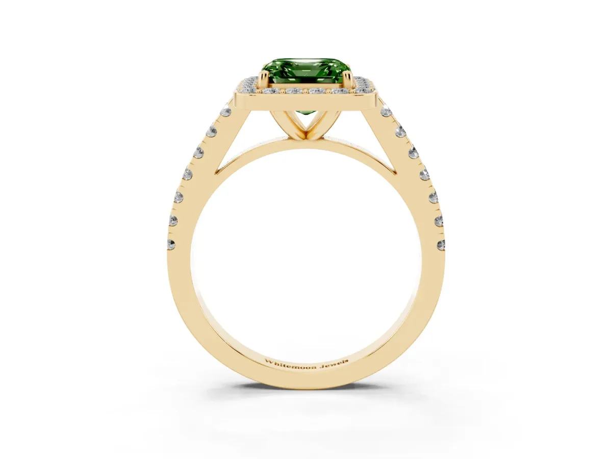 Fancy Green Asscher Cut Diamond Halo Ring with Round Pavé Split Shank and Prong Setting Yellow gold