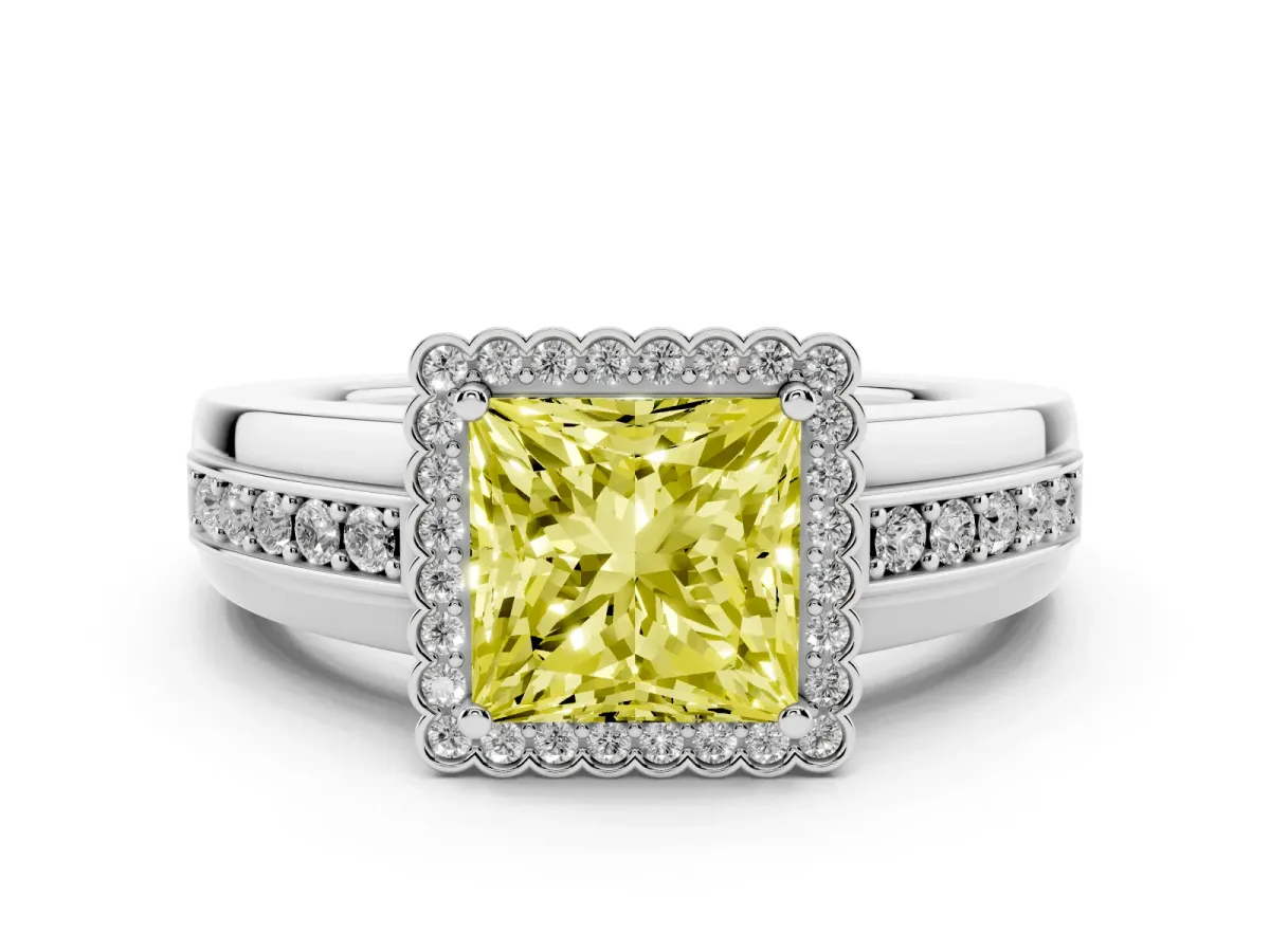 Fancy Yellow Princess Cut Cut Halo Pave Band Four-Prong Ring Silver