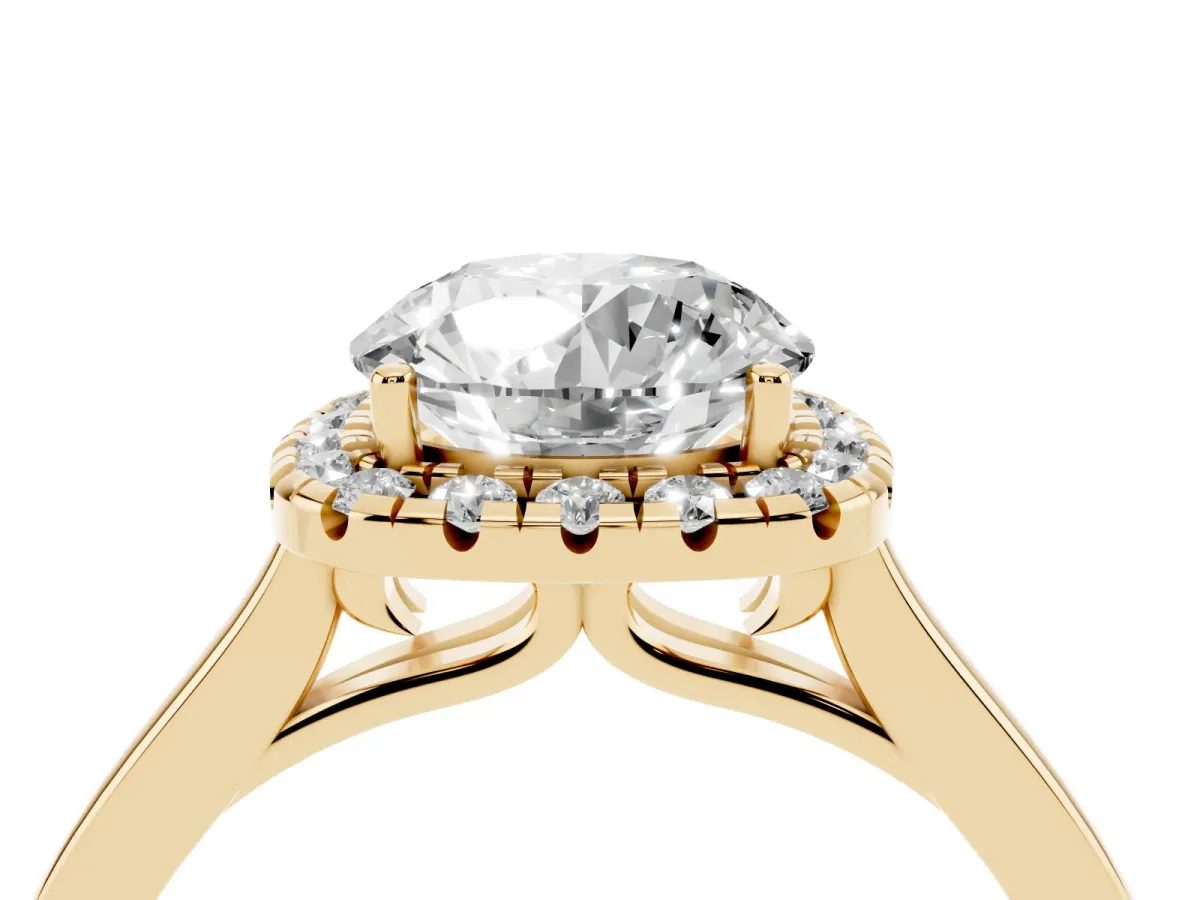Round Cut Halo Round Diamond Solitaire Ring with Pavé Band and Four-Prong Setting Yellow gold